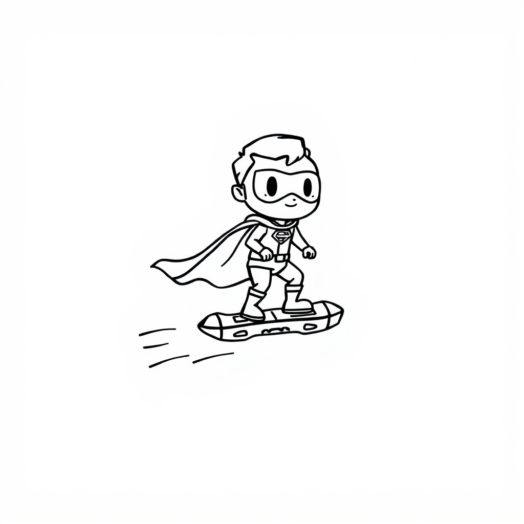 Superhero riding a hoverboard.