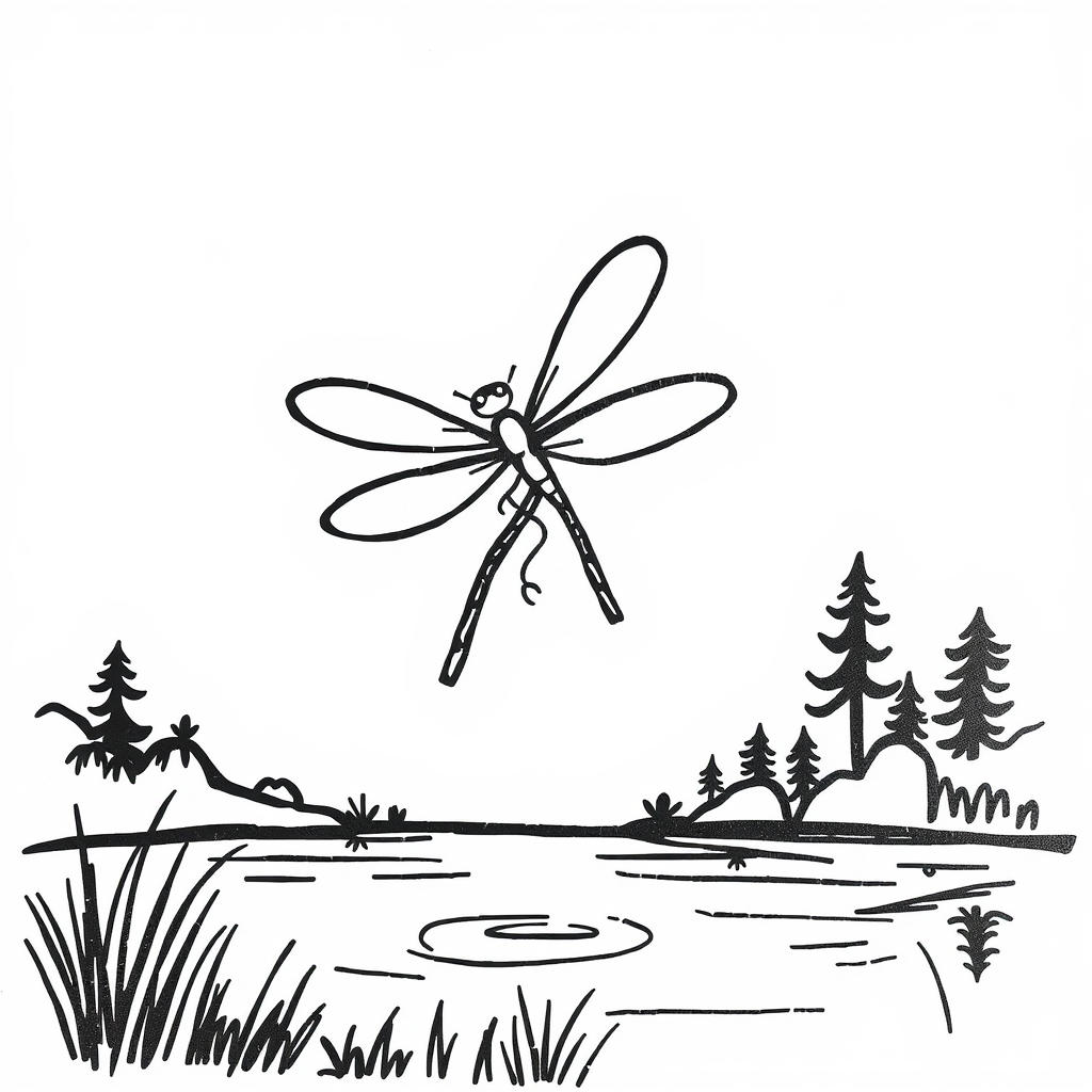 Dragonfly hovering above lake