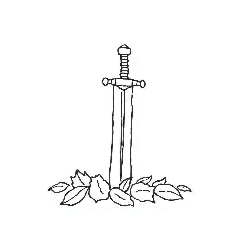 Sword half-buried in fallen leaves