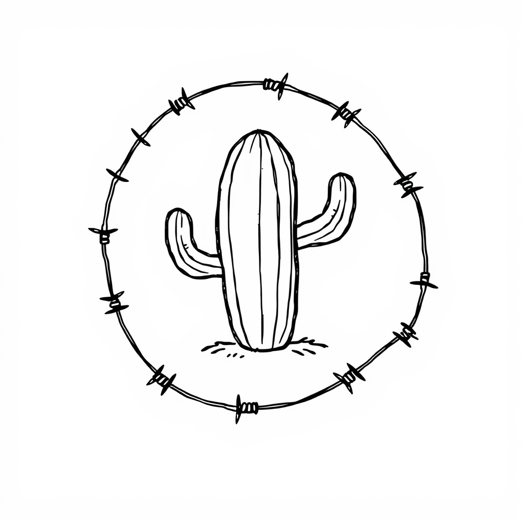 Barbed wire circling a cactus plant