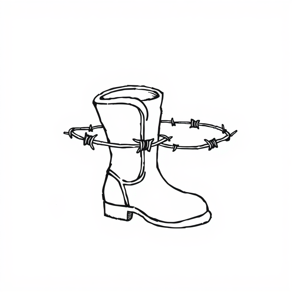 Barbed wire encasing an old boot