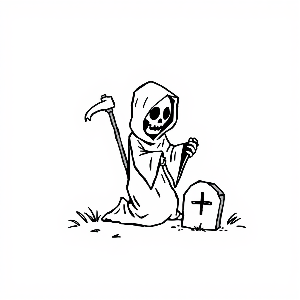 Grim Reaper kneeling by a grave.