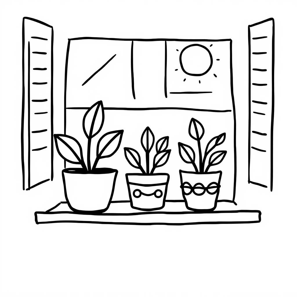 Potted plants on a sunny windowsill.