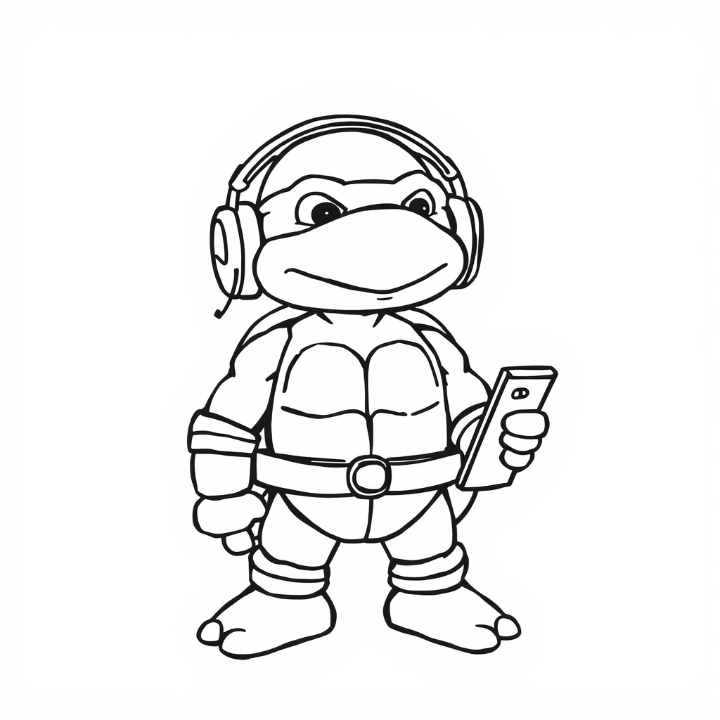 Donatello wearing headphones and holding phone